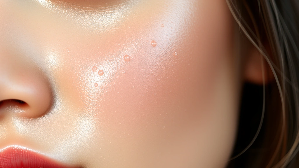 Close-up of a woman's glowing, hydrated skin with visible moisture droplets, emphasizing luminosity and skin barrier health, natural lighting, Korean beauty aesthetic, no text or product labels visible