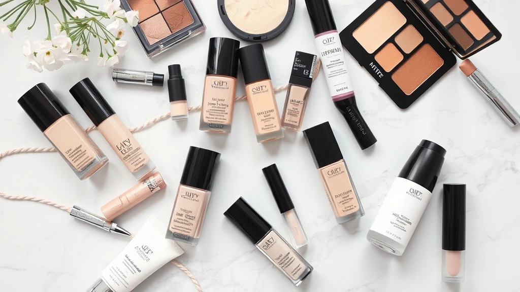 Overhead flat lay of cosmetic products including foundation bottles, concealer, primer, and skincare items arranged artistically on marble surface