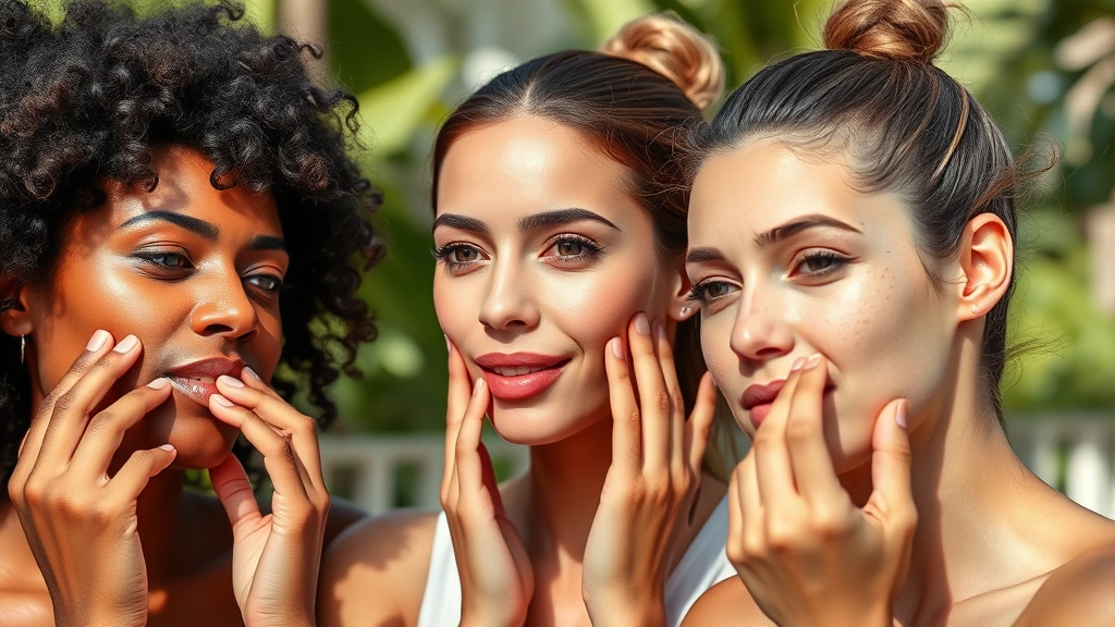 Diverse group of three people examining their skin in natural daylight, showing different skin types and textures, one checking for sensitivity, professional skincare consultation aesthetic, no products visible