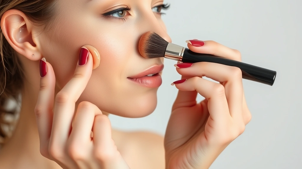 Woman applying liquid foundation with makeup brush to cheek, showing skincare product application technique, natural skin tone visible, professional makeup artist hands, soft studio lighting, no product packaging shown