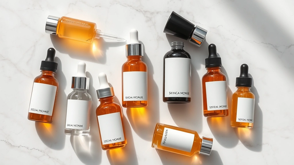 Flat lay arrangement of skincare serum bottles and essence containers with light amber and clear liquids, droppers, and glass bottles arranged artfully on a marble surface with soft shadows, professional product photography style, no brand names or text visible
