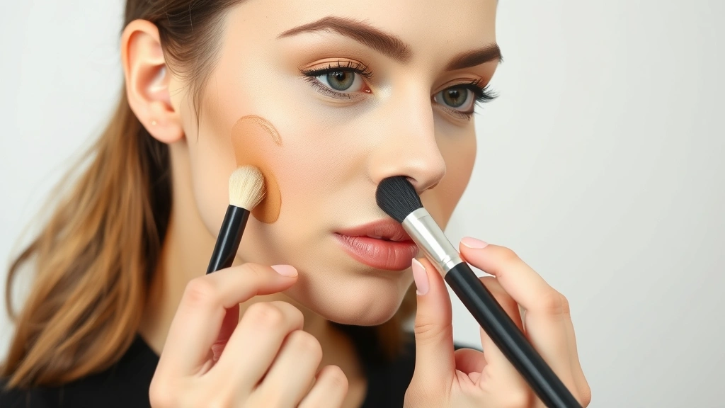 Woman applying foundation with makeup brush to cheek, showing blending technique and product texture, professional makeup application demonstration