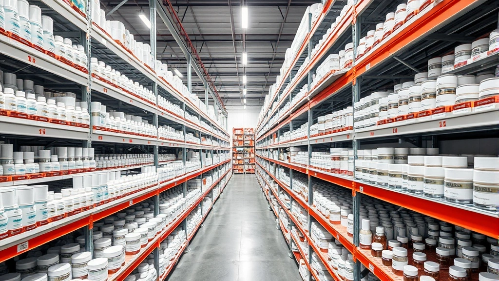 Organized cosmetics warehouse shelves stocked with countless identical skincare bottles and jars, showing mass production scale, overhead lighting, emphasizing volume and uniformity of dropship model