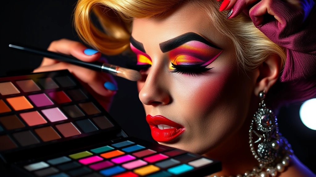 Professional drag queen applying vibrant eyeshadow with precision brush, dramatic colorful makeup palette open, stage lighting reflecting off skin, close-up detail of pigmented shadows blending seamlessly