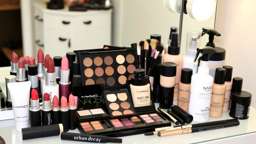 Diverse collection of professional makeup products arranged artfully: MAC lipsticks, Urban Decay eyeshadow palettes, foundation bottles, brushes, and setting sprays on vanity with mirror reflection