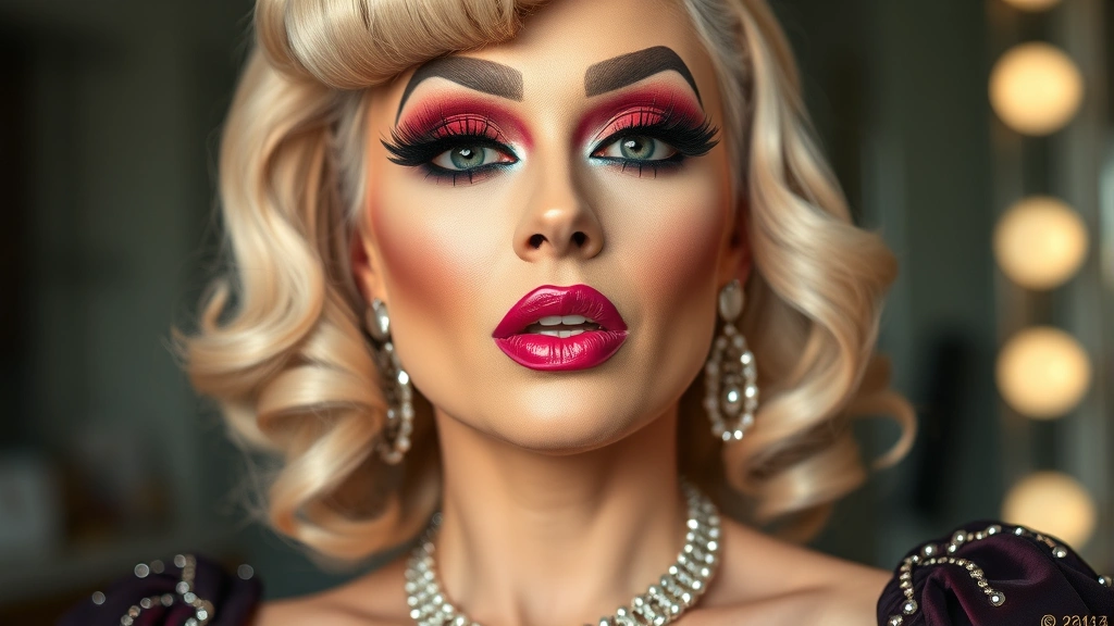 Drag performer with completed bold makeup look featuring dramatic winged eyeliner, contoured face, vibrant lip color, full face view showing professional application artistry and color coordination