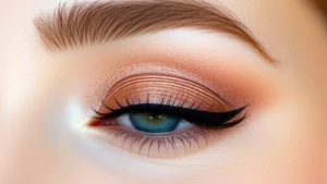 Close-up of professionally blended eyeshadow with warm bronze and rose gold shimmer on fair skin, showing gradient blending from lid to crease with natural eyelid texture visible