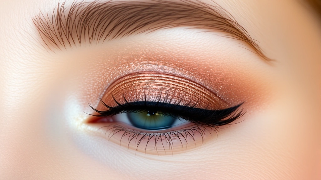 Close-up of professionally blended eyeshadow with warm bronze and rose gold shimmer on fair skin, showing gradient blending from lid to crease with natural eyelid texture visible