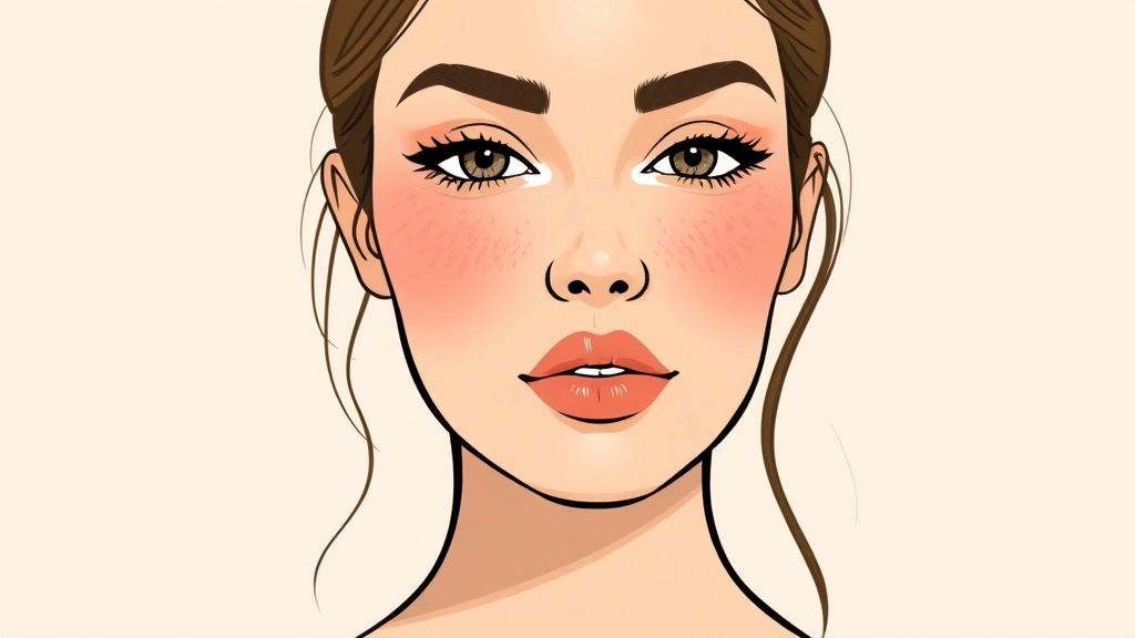 Beauty illustration showing full face with natural makeup including peachy blush, nude lipstick with subtle shine, and defined but soft eyebrows, demonstrating realistic product finishes and skin texture