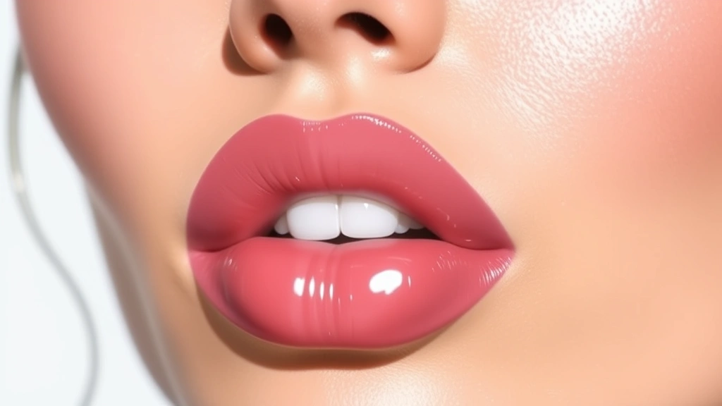 Detailed makeup study featuring glossy pink lip gloss with strong center highlight reflecting light, matte contour under cheekbones showing subtle shadow, and luminous skin with natural undertones