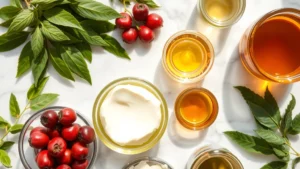 Close-up of various plant-based skincare ingredients: fresh green tea leaves, rosehip berries, shea butter, jojoba oil, and botanical extracts in glass containers, arranged artfully on white marble surface with natural lighting