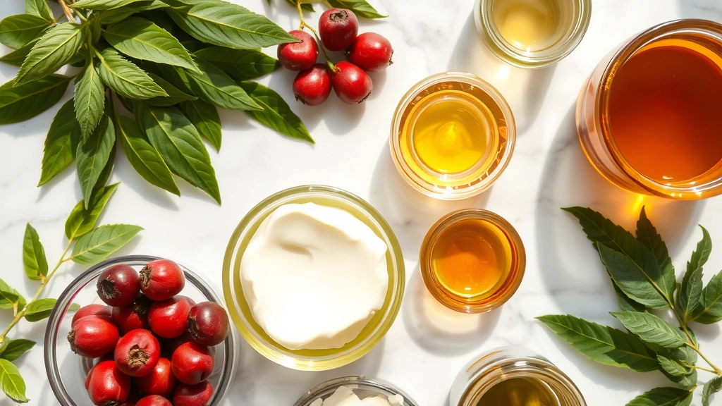 Close-up of various plant-based skincare ingredients: fresh green tea leaves, rosehip berries, shea butter, jojoba oil, and botanical extracts in glass containers, arranged artfully on white marble surface with natural lighting