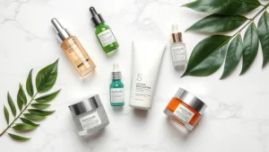 Flat lay of skincare products including glass bottles with serums, cream jars, and sunscreen arranged on white marble surface with green plant leaves and water droplets