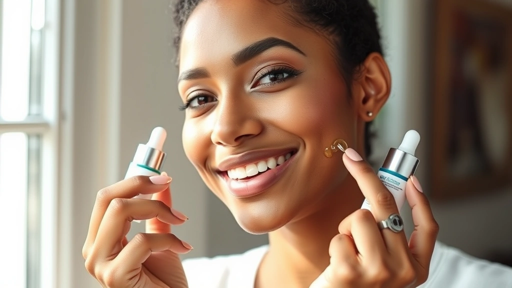 Diverse woman with glowing, radiant skin applying lightweight vegan serum to her cheek, demonstrating skincare application technique with natural window lighting and minimal makeup