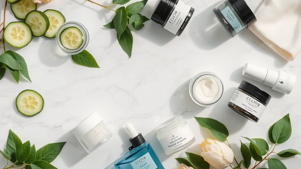 Overhead flat lay arrangement of various eye cream jars and bottles with cucumber slices and cool compress on marble surface, soft natural lighting, skincare product display