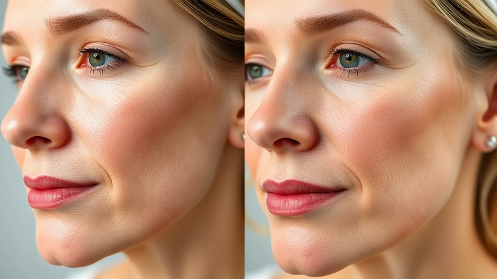 Before and after comparison showing skin transformation with improved texture, firmness, and radiance, professional dermatology-style documentation, photorealistic skin results