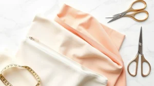 Professional flat lay of premium cosmetic bag fabrics including waterproof cotton, neoprene, and linen in neutral and pastel colors arranged on white marble surface with measuring tape and fabric scissors