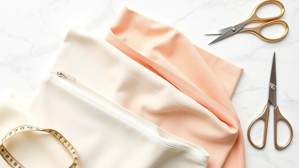 Professional flat lay of premium cosmetic bag fabrics including waterproof cotton, neoprene, and linen in neutral and pastel colors arranged on white marble surface with measuring tape and fabric scissors