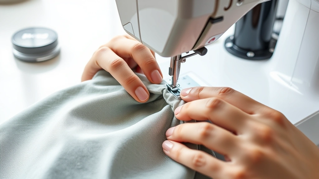 Close-up of hands sewing drawstring channel on cosmetic bag using sewing machine, showing precise stitching with matching thread on quality fabric, well-lit professional workspace