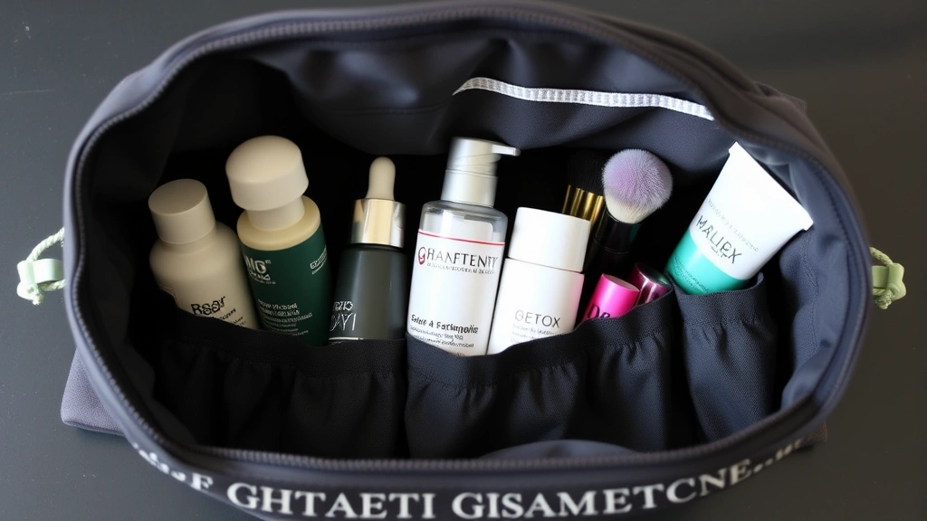 Organized interior view of completed DIY drawstring cosmetic bag displaying skincare bottles, makeup brushes, and organized products in elastic compartments, drawstring partially open