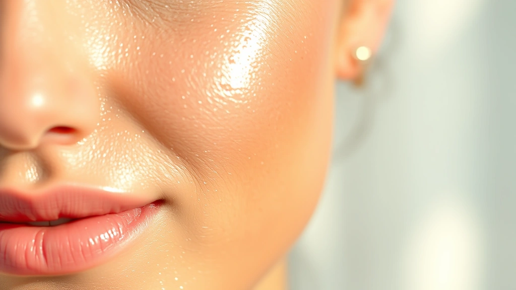 Close-up of a woman's glowing, hydrated face with natural lighting, dewy skin texture visible, soft focus background with white or cream tones, emphasizing moisture and radiance without makeup