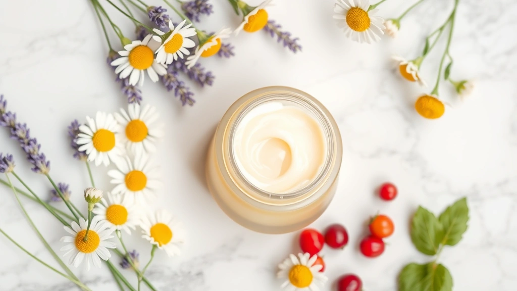 Flat lay of luxurious cream moisturizer in pale yellow-white color surrounded by fresh chamomile flowers, lavender sprigs, and rose hip berries on white marble surface
