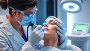 Professional dermatologist performing advanced laser treatment on patient's face in modern medical clinic with state-of-the-art equipment visible in background