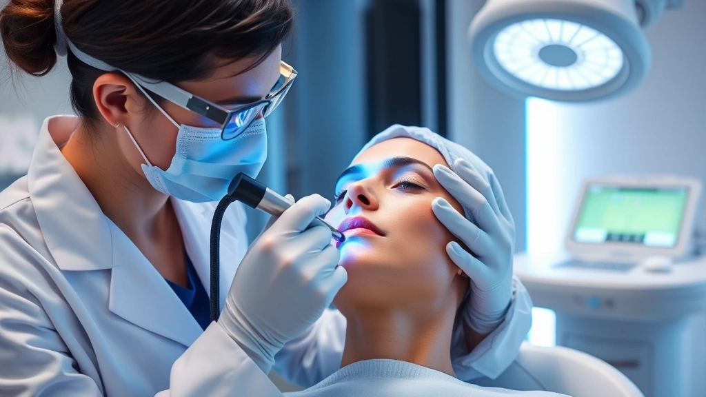 Professional dermatologist performing advanced laser treatment on patient's face in modern medical clinic with state-of-the-art equipment visible in background