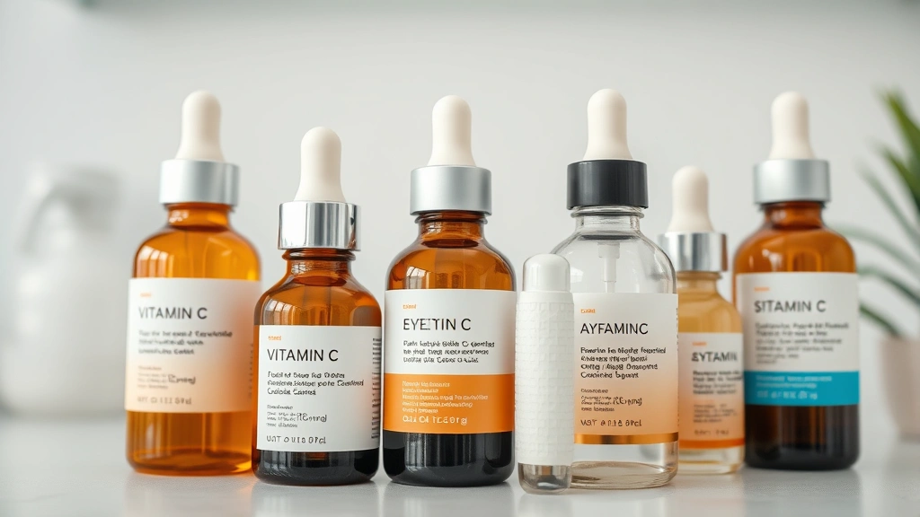 Close-up of multiple professional skincare product bottles displaying retinol, vitamin C, hyaluronic acid formulations arranged on clean clinic counter