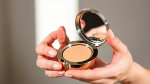 Close-up of hands holding open Elate refillable makeup compact with magnetic closure, showing product inside, natural lighting, minimalist background