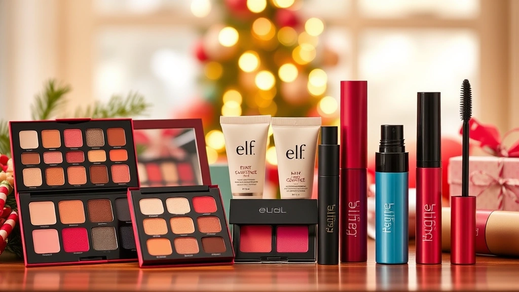 Vibrant ELF cosmetics products including eyeshadow palettes, primers, and mascaras arranged in festive holiday setting with warm lighting, showcasing product range and colors without visible packaging text