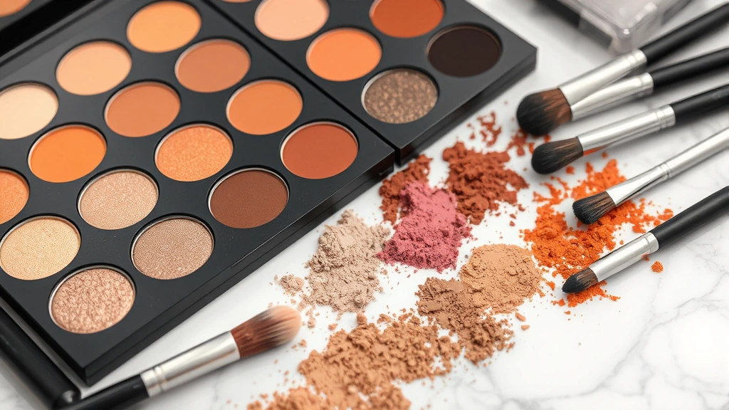 Close-up of colorful eyeshadow palettes and makeup brushes arranged on marble surface, showcasing various neutral and warm-toned pigments with different finishes