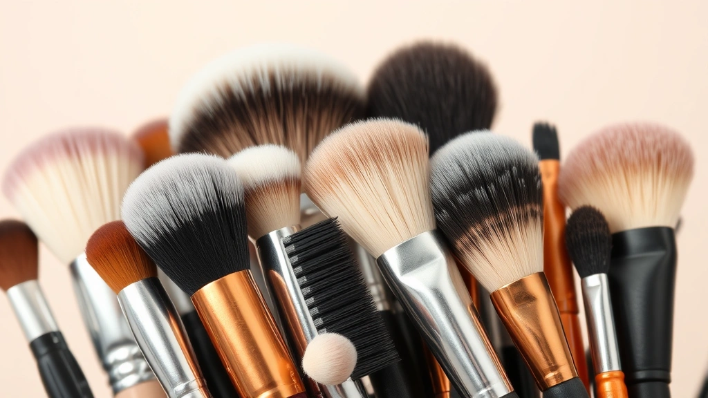 Close-up of diverse makeup brushes with synthetic and natural bristles arranged beautifully, showing ferrule details and bristle texture, professional beauty photography against neutral background