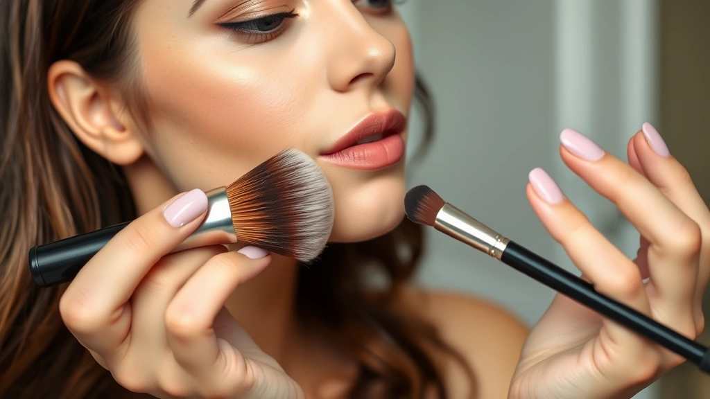 Woman applying foundation with elf makeup brush demonstrating blending technique on cheek, natural lighting highlighting brush performance and skin application, no face visible