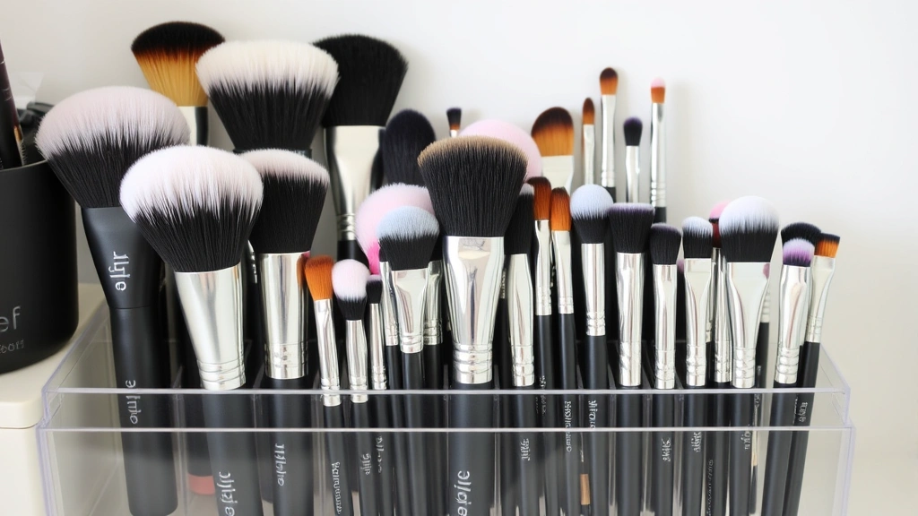 Organized collection of elf cosmetics brushes in various sizes displayed in minimalist cosmetic storage, showing brush variety and professional presentation, clean aesthetic