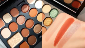 Professional close-up of E.L.F. eyeshadow palette open display showing multiple shimmer and matte shades in warm and cool tones, swatched on pale and medium skin for color reference, soft natural window lighting