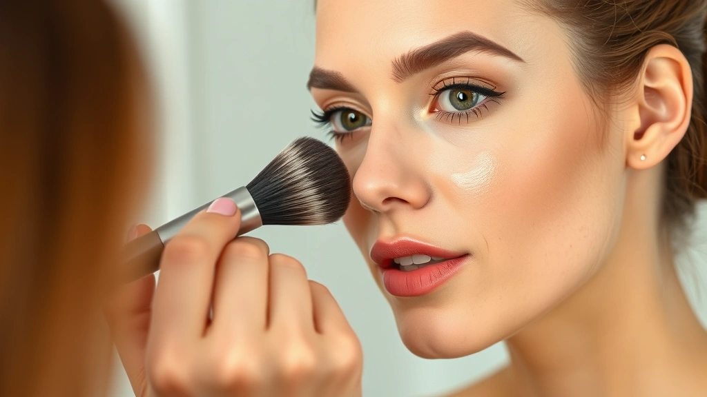 Beauty expert applying liquid foundation to face with makeup brush, demonstrating smooth blending technique on cheek area, showing natural glowing complexion with proper coverage
