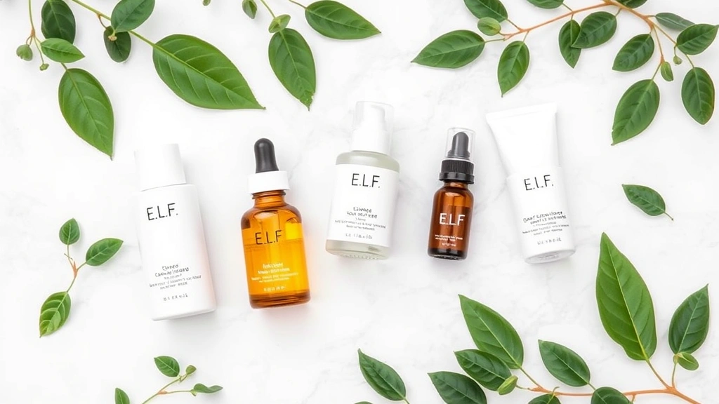 Flat lay arrangement of E.L.F. skincare products including cleanser, serum, moisturizer, and facial oil bottles arranged artfully on white marble surface with fresh green botanical elements