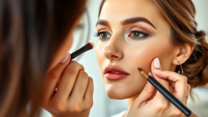 Professional makeup artist applying contouring makeup to model's face with brush, showing cheekbone highlighting and definition techniques, natural lighting, close-up beauty photography