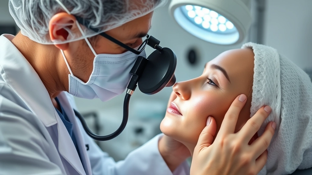 Dermatologist examining patient's skin with magnifying device, clinical setting with professional lighting, demonstrating skin analysis for anti-aging treatments and procedures