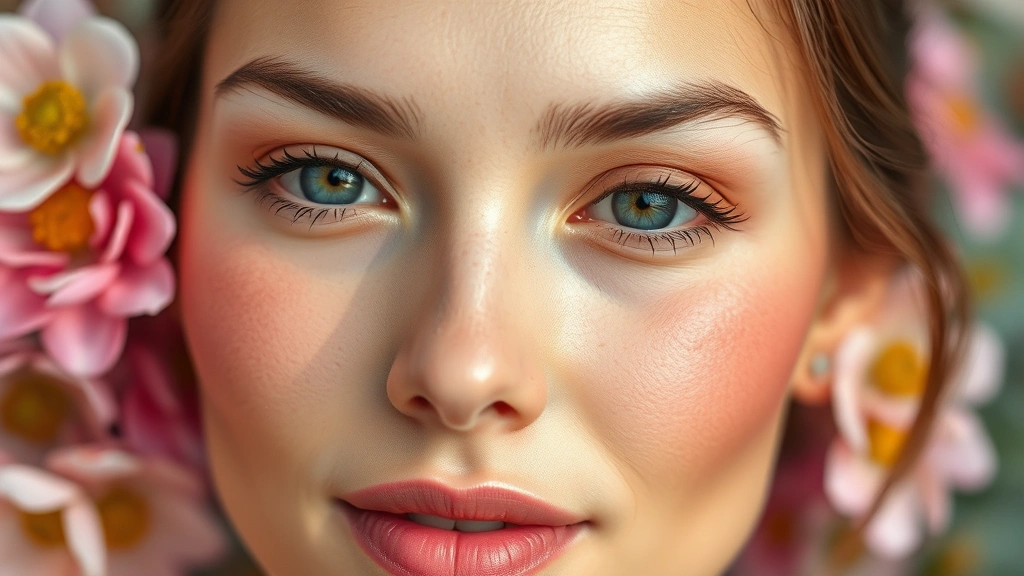 Close-up of dewy complexion with warm peachy-pink blush applied to cheekbones, soft natural lighting highlighting luminous skin texture, botanical flowers blurred in background
