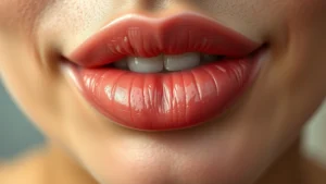 Close-up of dewy, radiant lips with natural flush and botanical-inspired gloss, soft lighting highlighting texture and shine