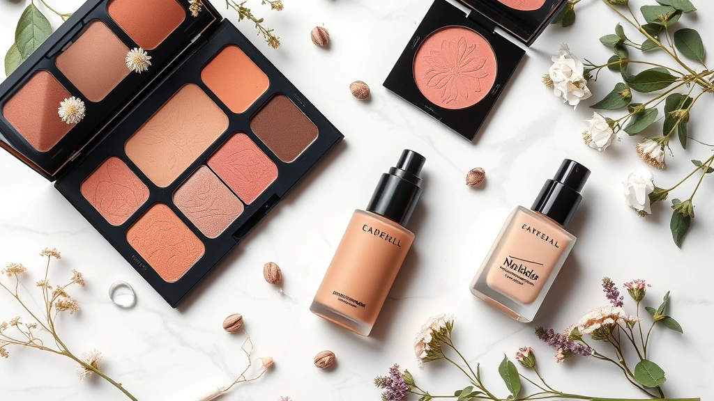 Flat lay composition of elegant minimalist cosmetic products arranged artfully on white marble surface, featuring blush palettes and foundation bottles with botanical elements scattered around