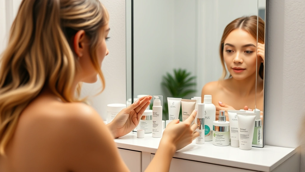 Beauty enthusiast comparing multiple skincare sample products arranged on vanity mirror with organized label system, minimalist aesthetic, professional lighting