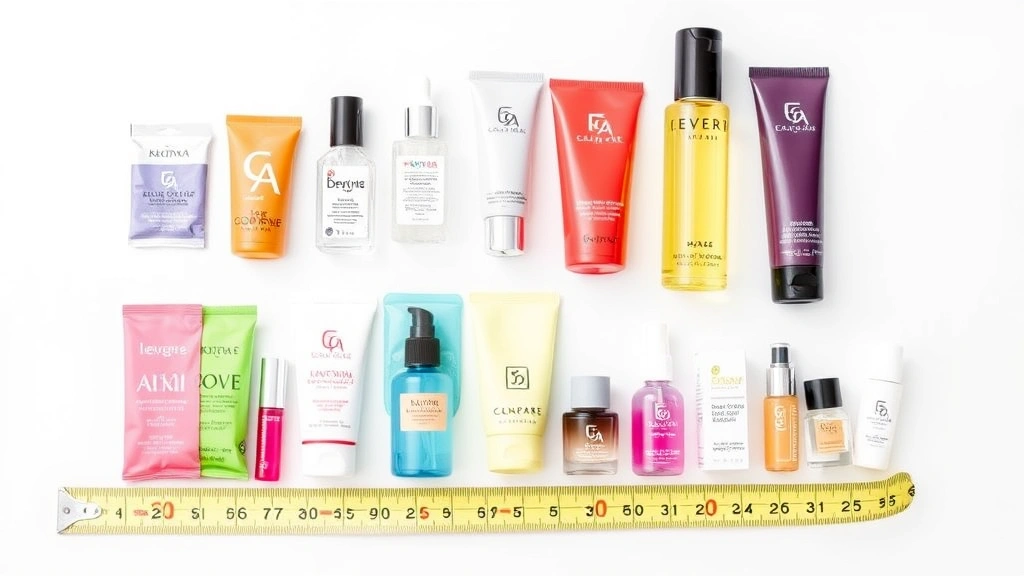 Group of colorful cosmetic samples and beauty products displayed on white background with measuring tape, representing value and size comparison of sample versus full-size products