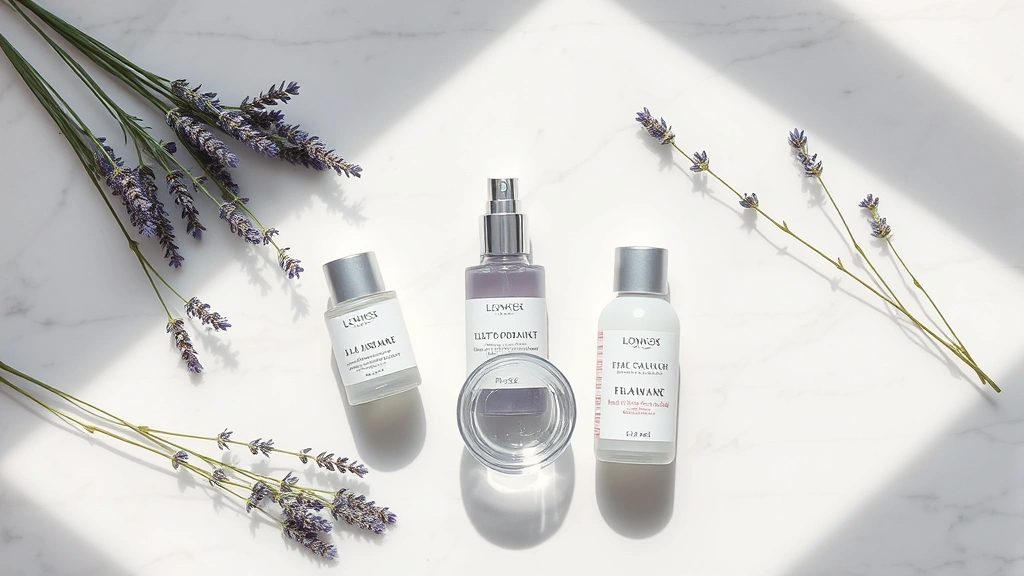 Minimalist French skincare products arranged on white marble surface with fresh lavender sprigs and a small glass of thermal spring water, shot from above with soft natural lighting