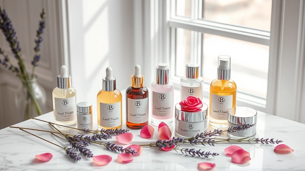Luxurious French skincare bottles and jars arranged on white marble surface with fresh lavender sprigs and rose petals, soft natural lighting from window, minimalist aesthetic, high-end beauty photography