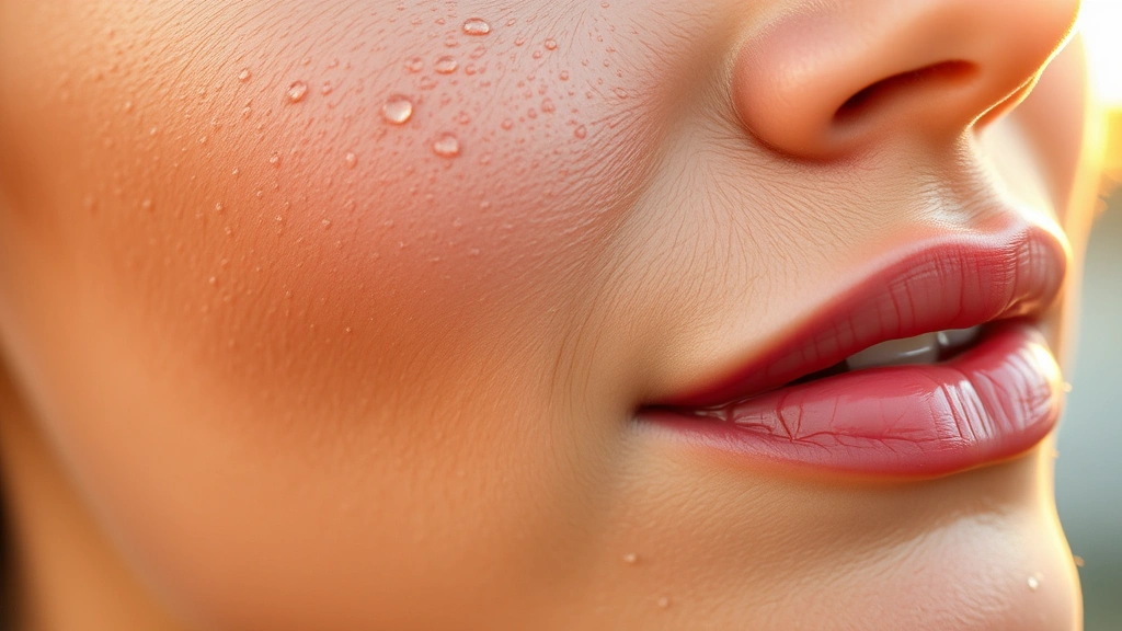 Close-up of a woman's glowing, hydrated skin texture showing radiance and clarity, with subtle water droplets suggesting hydration, photographed in soft golden hour lighting