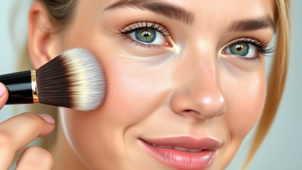 Woman applying French foundation with brush, clear glowing skin, natural makeup look, soft diffused lighting, close-up of face showing luminous complexion and dewy finish