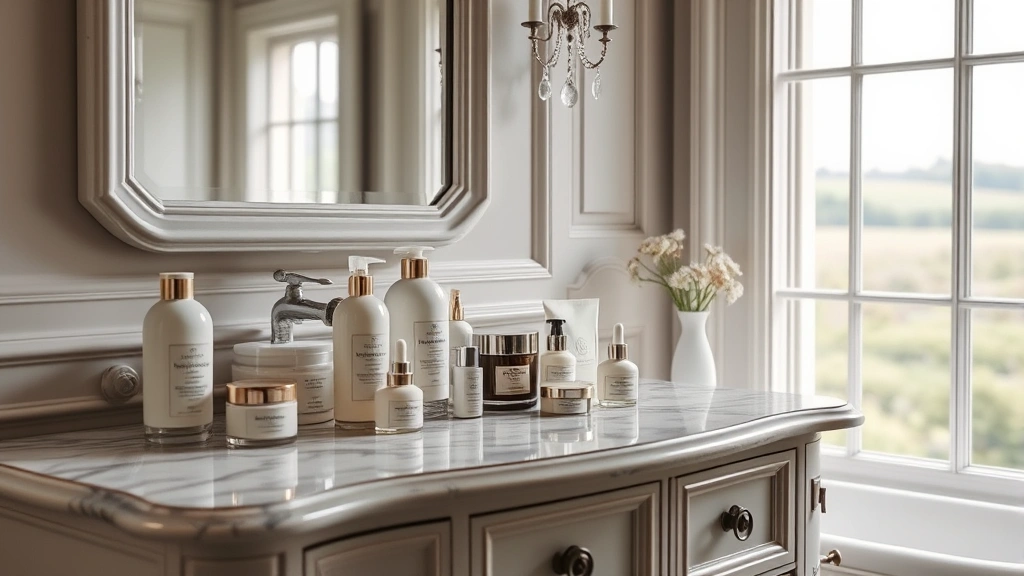 Luxurious French bathroom vanity displaying an elegant collection of skincare bottles and jars in neutral tones, with French countryside window view in soft-focus background